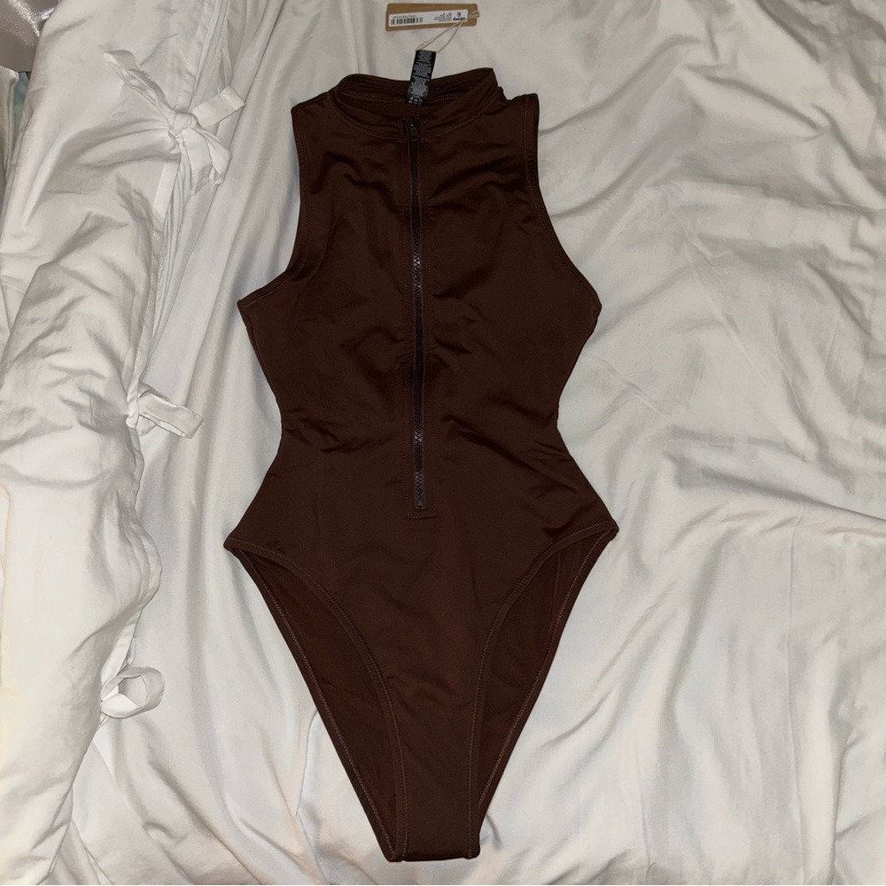 SKIMS high neck one piece swimsuit zipper bodysuit in mocha